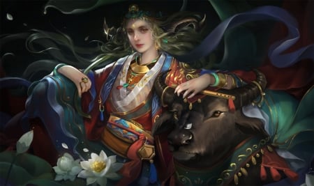 2021 ~ Year of the Ox - cow, chinese zodiac, chinese, girl, ox, dark, frumusete, fantasy, gorgeous, zodiac, linh phuong, luminos