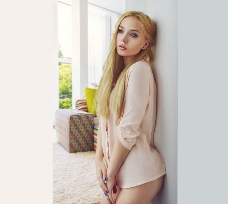 Ulyana Verenchikova - living area in background, honey blonde, diamond studs, green eyes, wearing pink blouse