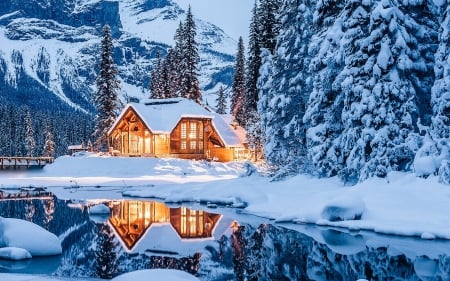 Emerald Lake Lodge, Yoho National Park, British Columbia - reflections, trees, water, pinetrees, snow, mountains