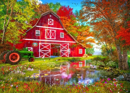 The red barn - dominic davison, pictura, red, painting, barn, farm, art