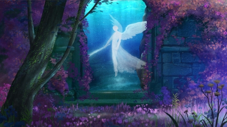 Eden by night - angel, bianca morelos, blue, fantasy, flower, frumusete, garden, green, luminos, night, pink, sword