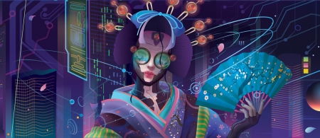 Cyber geisha - art, bianca morelos, blue, cyber, evantai, fantasy, geisga, hand fan, luminos