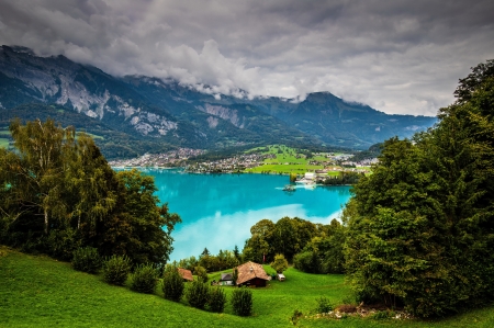 Lake Brienz - Switzerland - greenery, clouds, beautiful, landscape, reflection, mountain, village, view, Switzerland, tourizm, lake, houses, sky