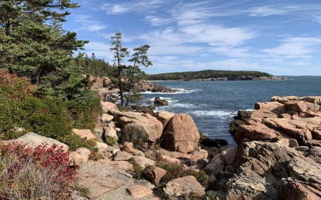 Acadia National Park, Maine - usa, clouds, trees, coast, sea, stones, sky