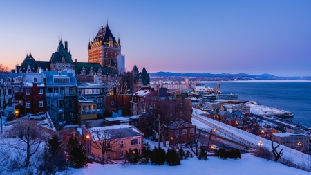 Quebec - canada, city, dusk, houses, night, quebec, sunrise, sunset, tower, winter
