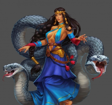 Snake dancer - fantasy, dancer, snake, blue, girl, kaines elande