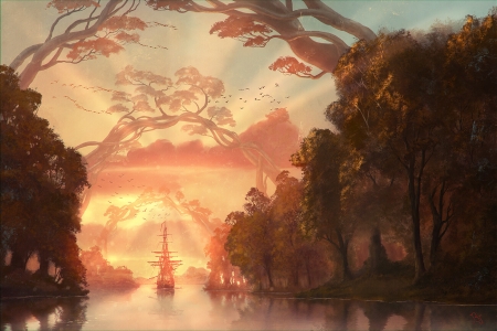 Sunset - art, ben j, benj, fantasy, luminos, ship, sunset