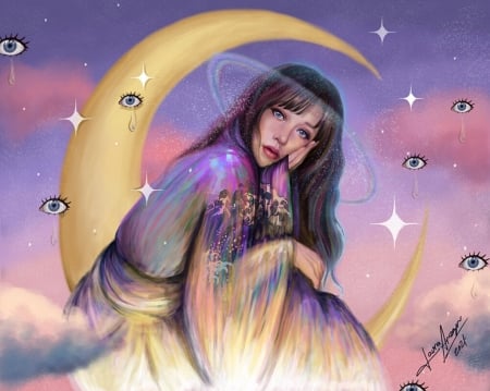 Artemis - laura aragon, moon, fantasy, yellow, blue, artemis, pink