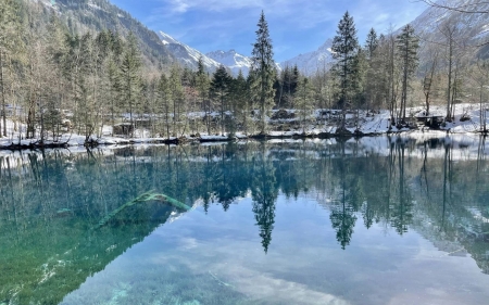 Crystal clear lake in the valley - Allgaeu Bavaria - reflections, germany, winter, water, alps, snow, mountains