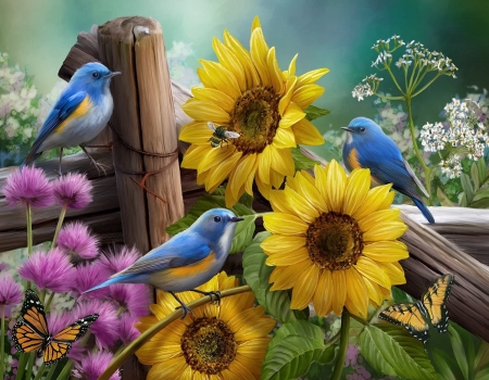 Birds and flowers - bird, yellow, summer, blue, pasari, pictura, purple, sunflower, painting, vara, luminos