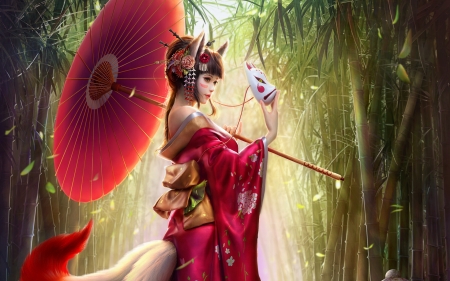 Ahri - frumusete, parasol, ahri, girl, fox, cavan and danny, cavan and dannt, red, luminis