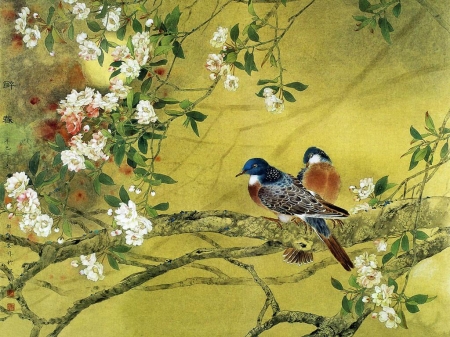 Chinese doves and spring flowers - dove, bird, art, chinese, spring, painting, pictura, flower, pasari