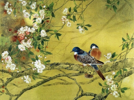 Chinese doves and spring flowers