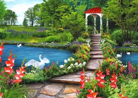 Pavillon on the Sea - flowers, pavillon, water, swan