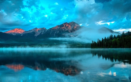 Pyramid Lake, Jasper National Park, Alberta - clouds, canada, water, mist, mountains, sky