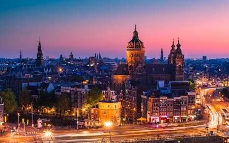 Amsterdam Night - Holland, Lights, Sunset, Colors, Night, Amsterdam, Netherlands, City