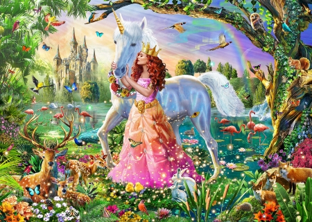 Unicorn Queen - rainbow, queen, girl, unicorn, castle, animals