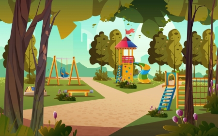Playground - lane, playground, trees, vector