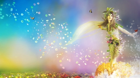 Flower Fairy - blossoms, digital, butterflies, girl, art