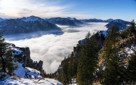 Above the Bavarian Alps - clouds, germany, trees, mist, peaks, sky