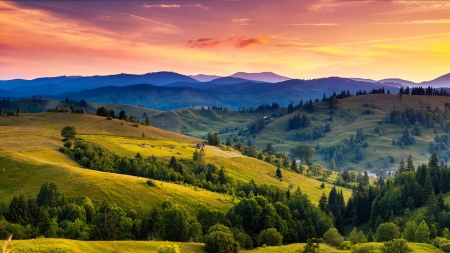 hilly landscape - landscape, hills, trees, houses