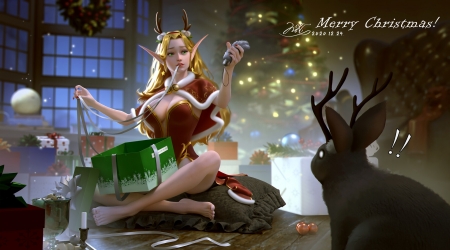 Christmas girl - ying lee, girl, bunny, creature, christmas, fantasy, craciun, red, reindeer, yong lee