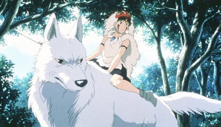 princess mononoke - girl, forest, mononoke, princess, wolf