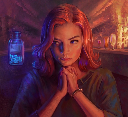 Beth - mandy jurgens, queens gambit, fantasy, beth, girl, portrait, orange, art