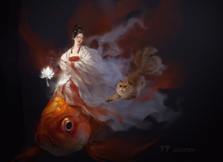 Girl, goldenfish and cat - black, panpan, pesti, golden fish, fish, giant, vara, frumusete, gorgeous, mini, girl, cat, summer, superb, pisici, fantasy, luminos, pan pan