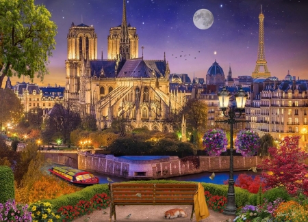Castle - moon, yard, court, fountain, castle