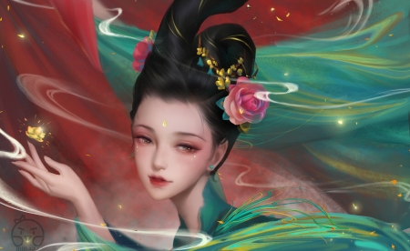 Princess - frumusete, fantasy, yanmin ji, green, red, rose, princess, face, art, luminos