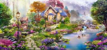 House by the river - art, cottage, flowers, house, lake, paradise, pond, river, spring, swans