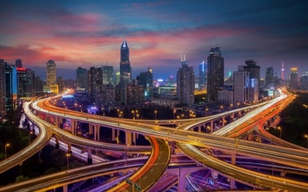 Shanghai - Sunset, China, Night, Sunrise, City, Skyscrapers, Lights, Highway, Shanghai, Roads