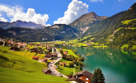 lake lungern - village, lake, mountains, Switzerland