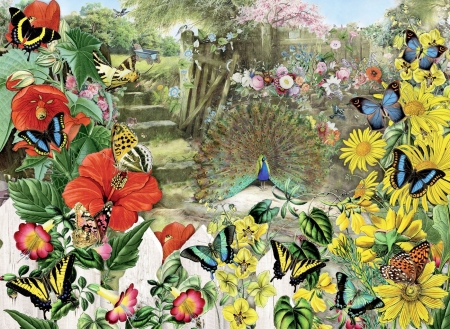 Peacock in the Garden - flower, garden, puzzle, peacock, jigsaw
