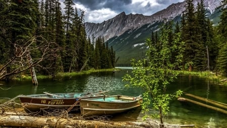 Jasper National Park - clouds, boats, trees, canada, lake, alberta, mountains, sky