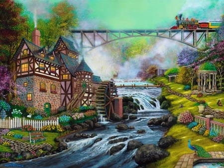 Cobblestone mill overpass - house, water, beautiful, mill, creek, spring, river, countryside, train, art, bridge