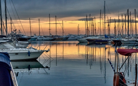 Yachts - calm, marina, yachts, reflection, sailboats