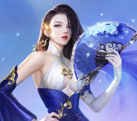 Fantasy girl - hand fan, fantasy, jack, evantai, blue, girl, luminos