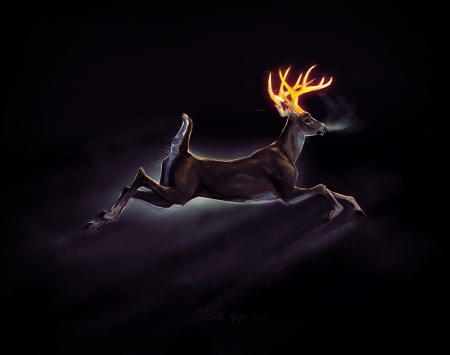 Deer - cerb, louise meijer, fantasy, running, deer, art, dark, luminos