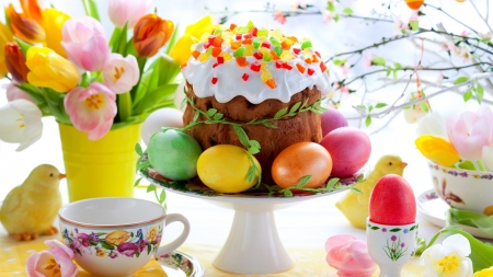 Easter Eggs - flowers, tulips, spring, cake