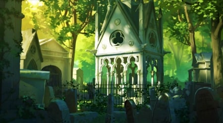 gothic and emerald sunrise - cathedral, cemetary, gothic, architecture