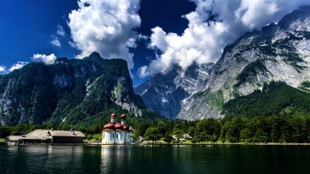 St. Bartholomew Church, Bavaria - clouds, koenigssee, alps, lake, mountains, sky