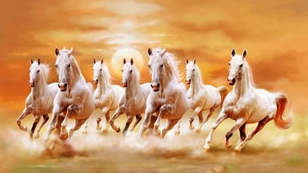 Beautiful White Horses - sunset, digital, orange, sky, animals