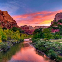 Virgin River Sunset Over Zion National Park, Utah