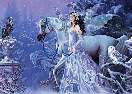 Winter Walk - girl, horse, owl, winter