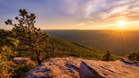 Golden hour over upstate New York - usa, clouds, trees, landscape, rocks, sun, sky