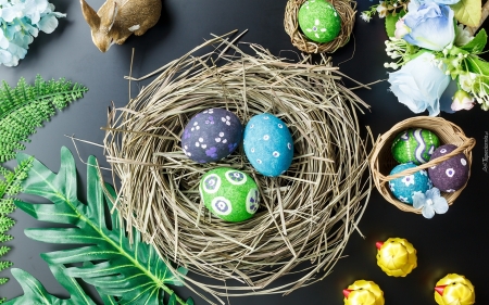Happy Easter! - bunny, Easter, baskets, eggs, nest