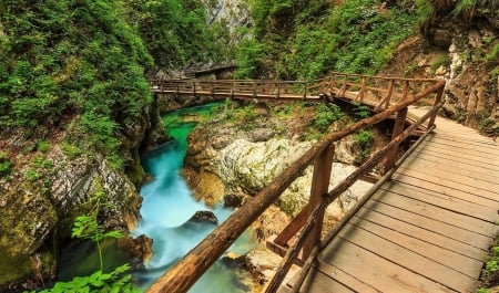 Wooden bridge - stream, nature, rocks, bridge