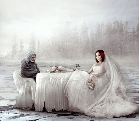 A frozen Place - cold, girl, trees, white